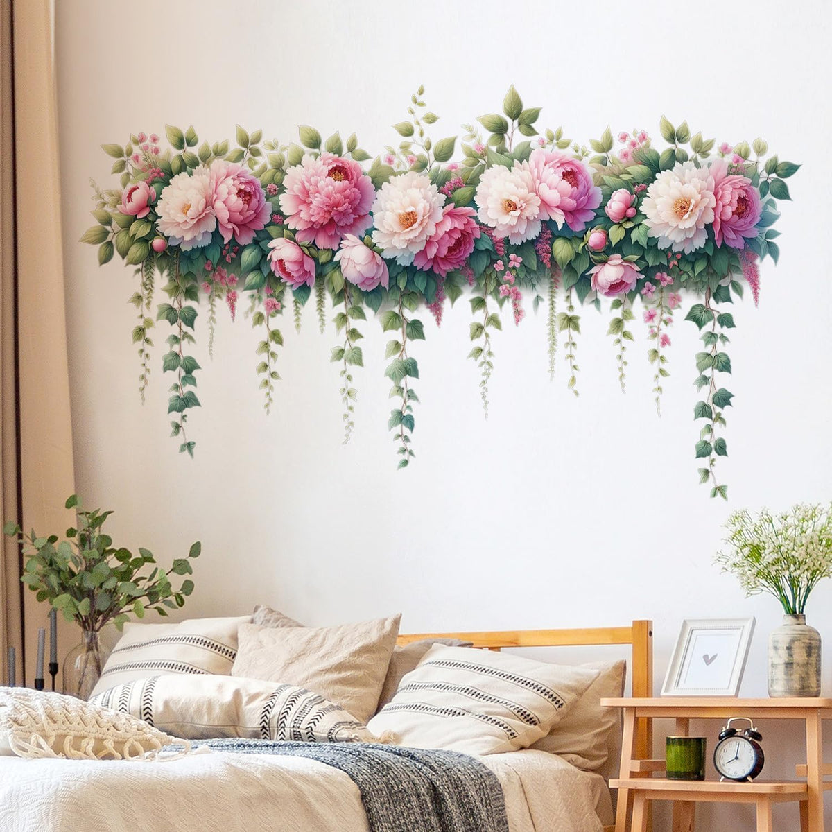Removable DIY 3D Pink Peony Flower Wall Decals, Hanging Vine Vinyl Fresh Plant Green Leaves Art Decor for Girls Nursery Bedroom Living Room TV Background