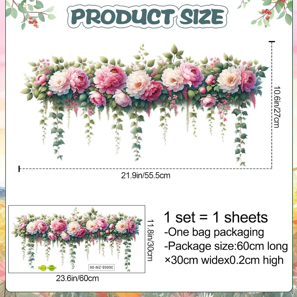 Removable DIY 3D Pink Peony Flower Wall Decals, Hanging Vine Vinyl Fresh Plant Green Leaves Art Decor for Girls Nursery Bedroom Living Room TV Background