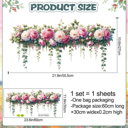 Removable DIY 3D Pink Peony Flower Wall Decals, Hanging Vine Vinyl Fresh Plant Green Leaves Art Decor for Girls Nursery Bedroom Living Room TV Background
