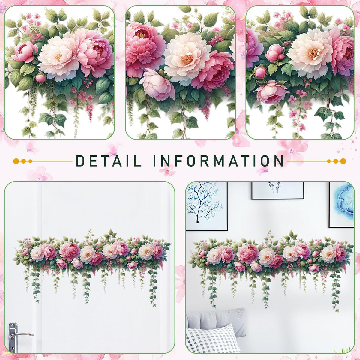 Removable DIY 3D Pink Peony Flower Wall Decals, Hanging Vine Vinyl Fresh Plant Green Leaves Art Decor for Girls Nursery Bedroom Living Room TV Background