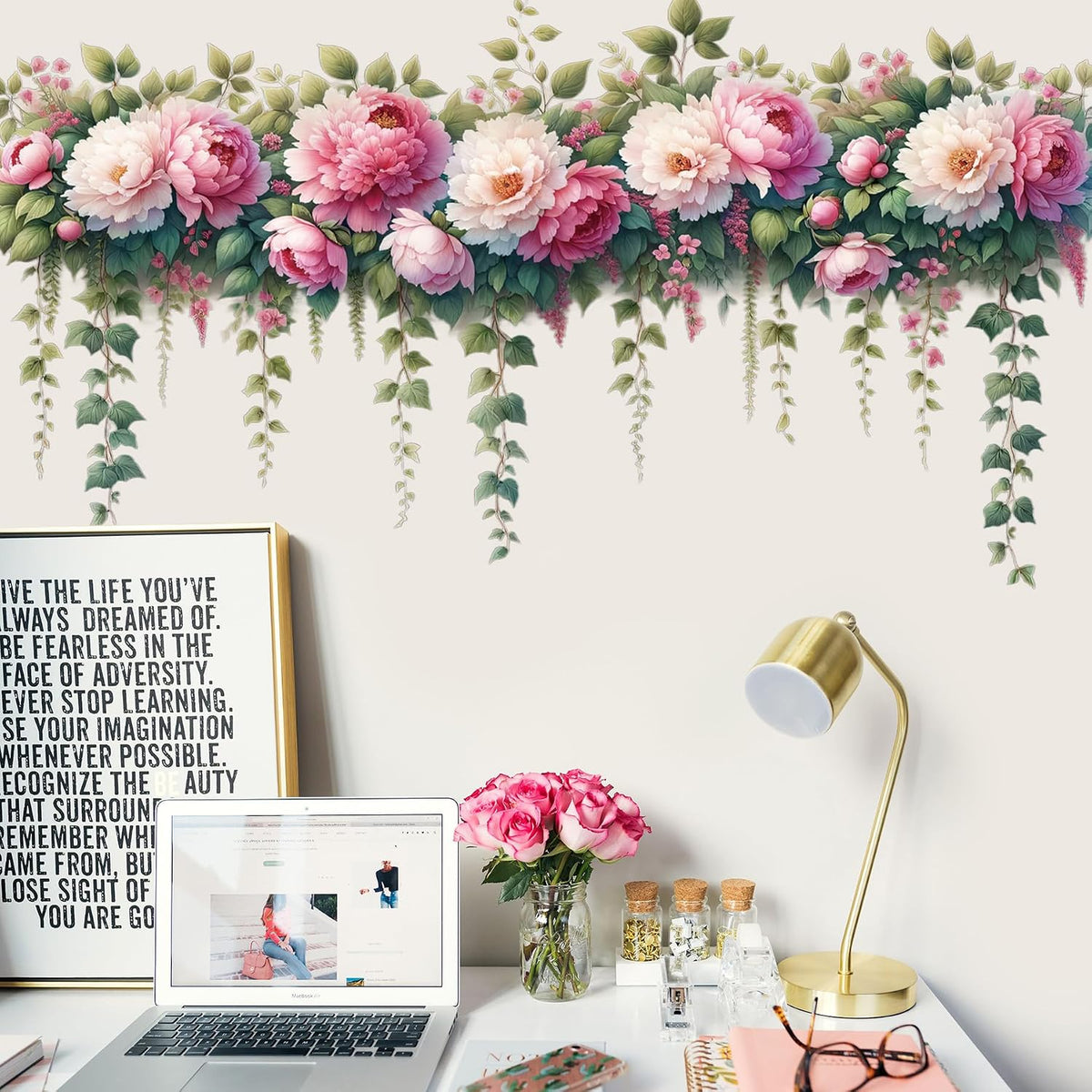 Removable DIY 3D Pink Peony Flower Wall Decals, Hanging Vine Vinyl Fresh Plant Green Leaves Art Decor for Girls Nursery Bedroom Living Room TV Background
