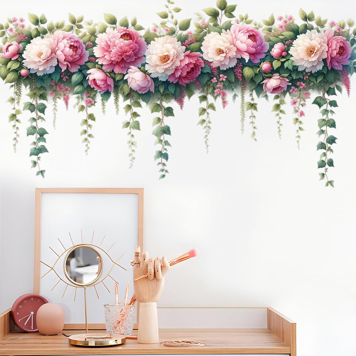Removable DIY 3D Pink Peony Flower Wall Decals, Hanging Vine Vinyl Fresh Plant Green Leaves Art Decor for Girls Nursery Bedroom Living Room TV Background