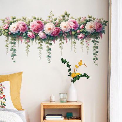 Removable DIY 3D Pink Peony Flower Wall Decals, Hanging Vine Vinyl Fresh Plant Green Leaves Art Decor for Girls Nursery Bedroom Living Room TV Background