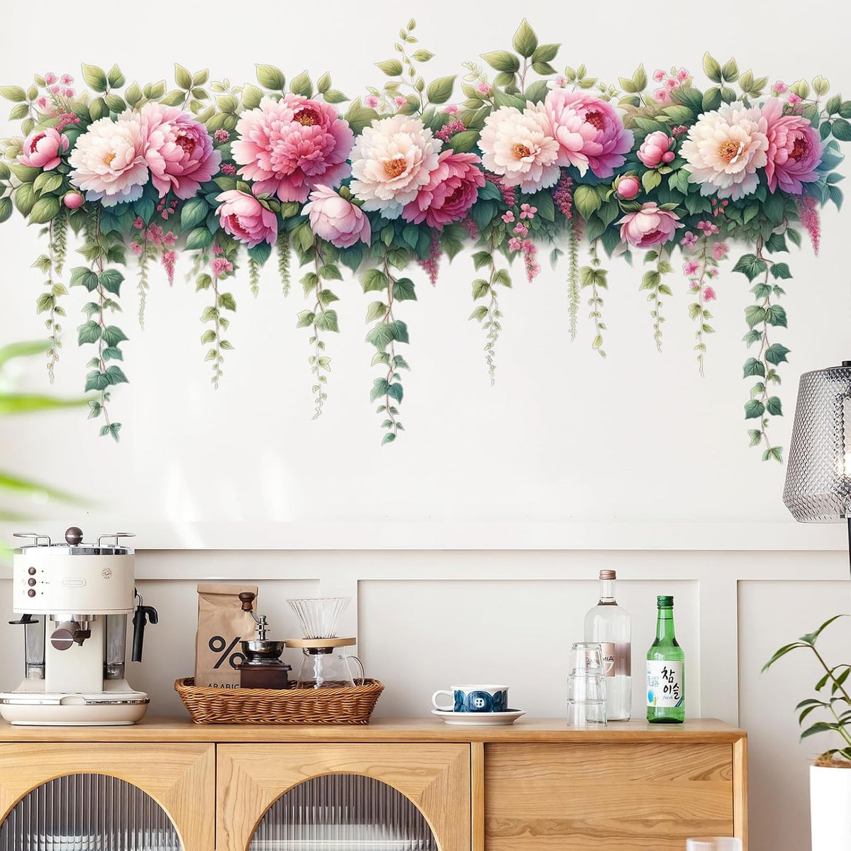 Removable DIY 3D Pink Peony Flower Wall Decals, Hanging Vine Vinyl Fresh Plant Green Leaves Art Decor for Girls Nursery Bedroom Living Room TV Background