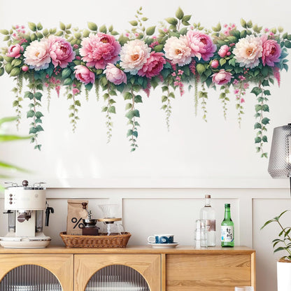 Removable DIY 3D Pink Peony Flower Wall Decals, Hanging Vine Vinyl Fresh Plant Green Leaves Art Decor for Girls Nursery Bedroom Living Room TV Background