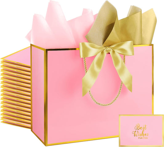 12 Pack Large Pink Gift Bags with Handles, 12.6x10x4'' Includes 36 Tissue Papers, Bow Ribbon & Cards for Wedding, Birthday, Bridesmaid, Groomsmen, Valentine's Day, Easter (Pink and Gold, 12pcs)