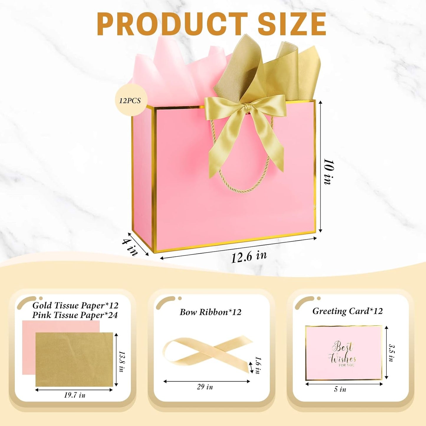 12 Pack Large Pink Gift Bags with Handles, 12.6x10x4'' Includes 36 Tissue Papers, Bow Ribbon & Cards for Wedding, Birthday, Bridesmaid, Groomsmen, Valentine's Day, Easter (Pink and Gold, 12pcs)