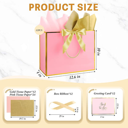 12 Pack Large Pink Gift Bags with Handles, 12.6x10x4'' Includes 36 Tissue Papers, Bow Ribbon & Cards for Wedding, Birthday, Bridesmaid, Groomsmen, Valentine's Day, Easter (Pink and Gold, 12pcs)