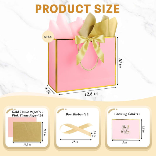 12 Pack Large Pink Gift Bags with Handles, 12.6x10x4'' Includes 36 Tissue Papers, Bow Ribbon & Cards for Wedding, Birthday, Bridesmaid, Groomsmen, Valentine's Day, Easter (Pink and Gold, 12pcs)