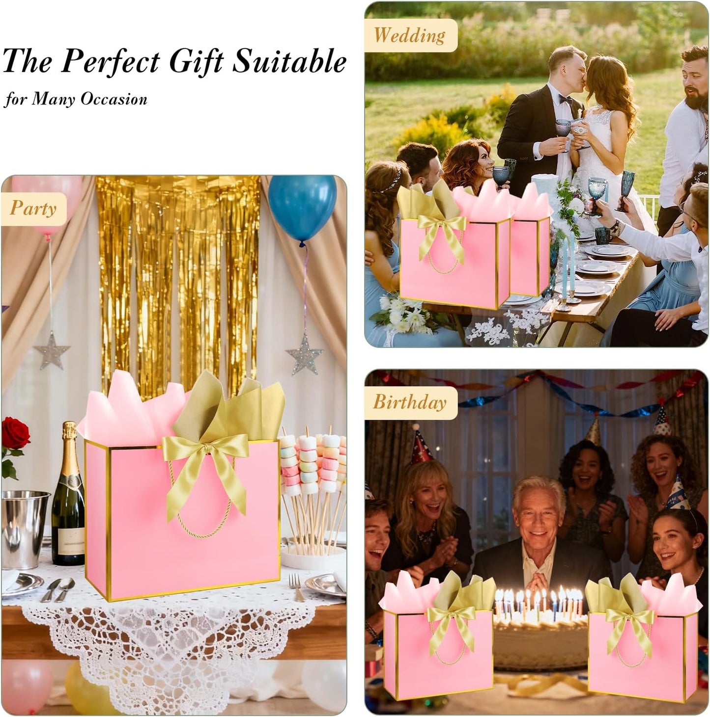 12 Pack Large Pink Gift Bags with Handles, 12.6x10x4'' Includes 36 Tissue Papers, Bow Ribbon & Cards for Wedding, Birthday, Bridesmaid, Groomsmen, Valentine's Day, Easter (Pink and Gold, 12pcs)