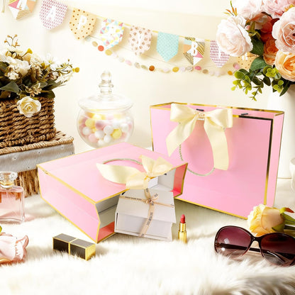 12 Pack Large Pink Gift Bags with Handles, 12.6x10x4'' Includes 36 Tissue Papers, Bow Ribbon & Cards for Wedding, Birthday, Bridesmaid, Groomsmen, Valentine's Day, Easter (Pink and Gold, 12pcs)