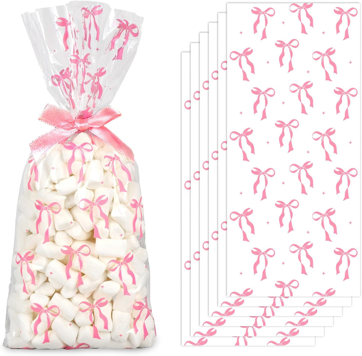 100Pcs Pink Bow Cellophane Bags with Ribbon Bows Clear Treat Bag Plastic Candy Goodie Bags for Coquette Birthday Wedding Party Snack Cookie Packing Supplies