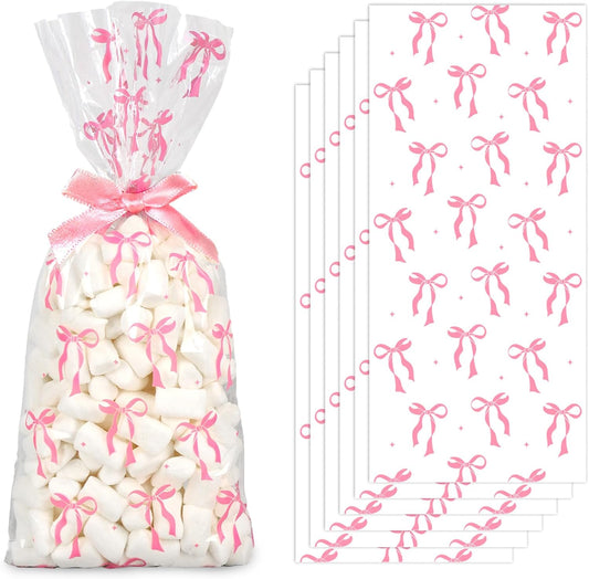 100Pcs Pink Bow Cellophane Bags with Ribbon Bows Clear Treat Bag Plastic Candy Goodie Bags for Coquette Birthday Wedding Party Snack Cookie Packing Supplies