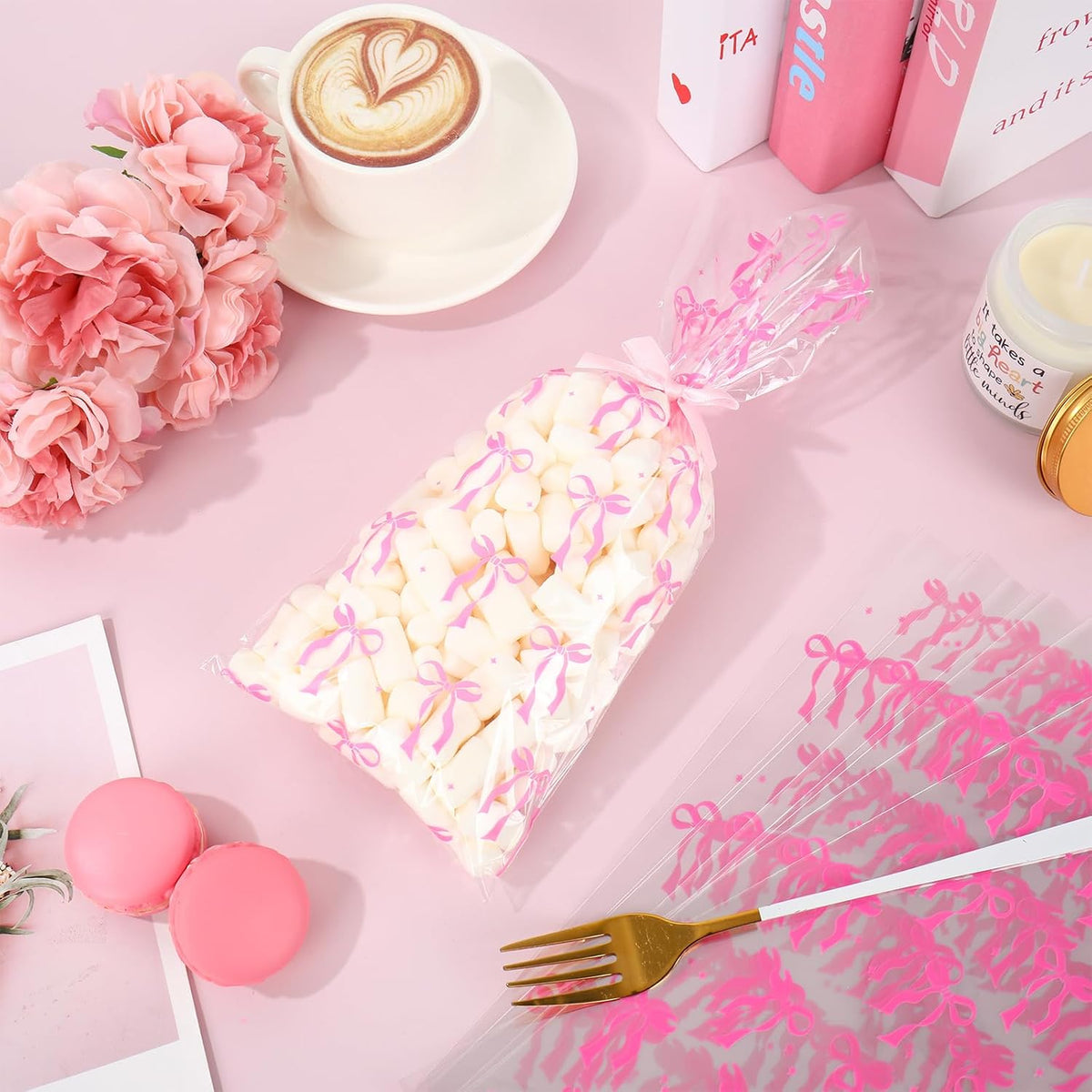 100Pcs Pink Bow Cellophane Bags with Ribbon Bows Clear Treat Bag Plastic Candy Goodie Bags for Coquette Birthday Wedding Party Snack Cookie Packing Supplies