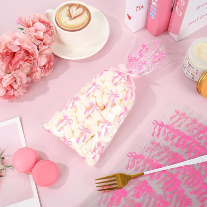 100Pcs Pink Bow Cellophane Bags with Ribbon Bows Clear Treat Bag Plastic Candy Goodie Bags for Coquette Birthday Wedding Party Snack Cookie Packing Supplies