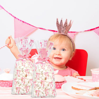 100Pcs Pink Bow Cellophane Bags with Ribbon Bows Clear Treat Bag Plastic Candy Goodie Bags for Coquette Birthday Wedding Party Snack Cookie Packing Supplies