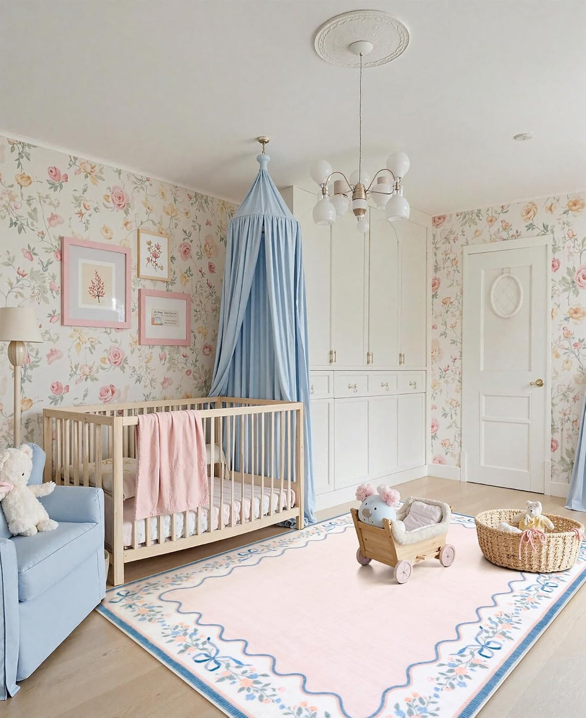 Pink and Blue Area Rug, 5x7 Pink Floral Rugs for Bedroom Girls Dorm