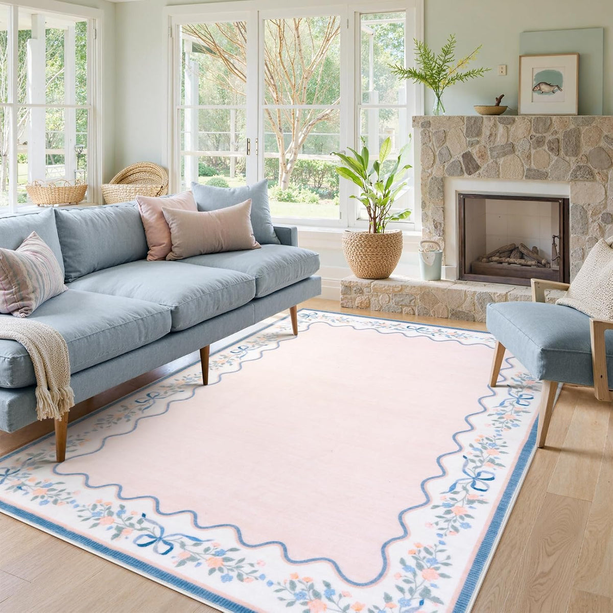 Pink and Blue Area Rug, 5x7 Pink Floral Rugs for Bedroom Girls Dorm