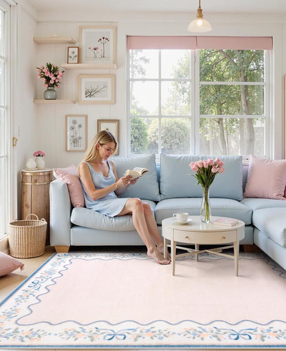 Pink and Blue Area Rug, 5x7 Pink Floral Rugs for Bedroom Girls Dorm