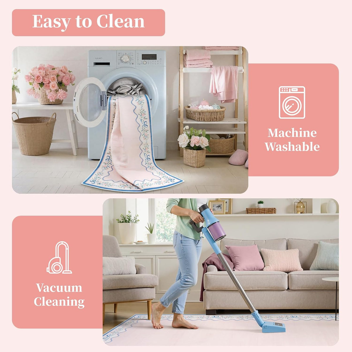Pink and Blue Area Rug, 5x7 Pink Floral Rugs for Bedroom Girls Dorm