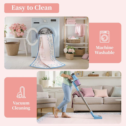 Pink and Blue Area Rug, 5x7 Pink Floral Rugs for Bedroom Girls Dorm