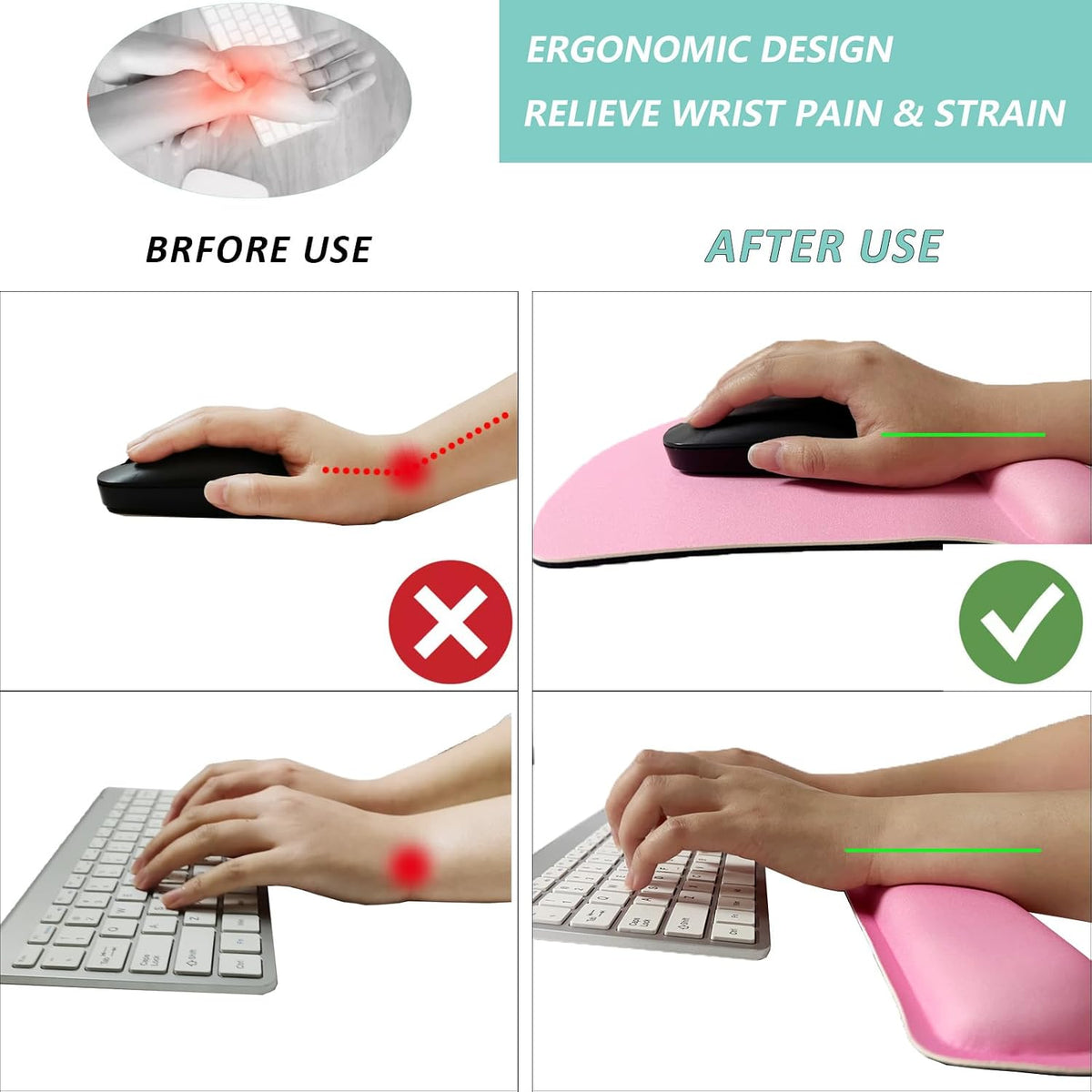 Keyboard Wrist Rest Pad Mouse Pad with Wrist Support Set of 3, Gaming Mousepad with Non-Slip Rubber Base, Ergonomic Memory Foam Mouse Cushion Support for Home Office Laptop Computer, Pink