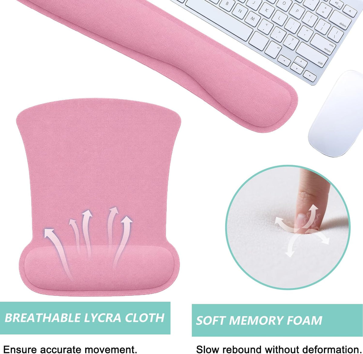 Keyboard Wrist Rest Pad Mouse Pad with Wrist Support Set of 3, Gaming Mousepad with Non-Slip Rubber Base, Ergonomic Memory Foam Mouse Cushion Support for Home Office Laptop Computer, Pink