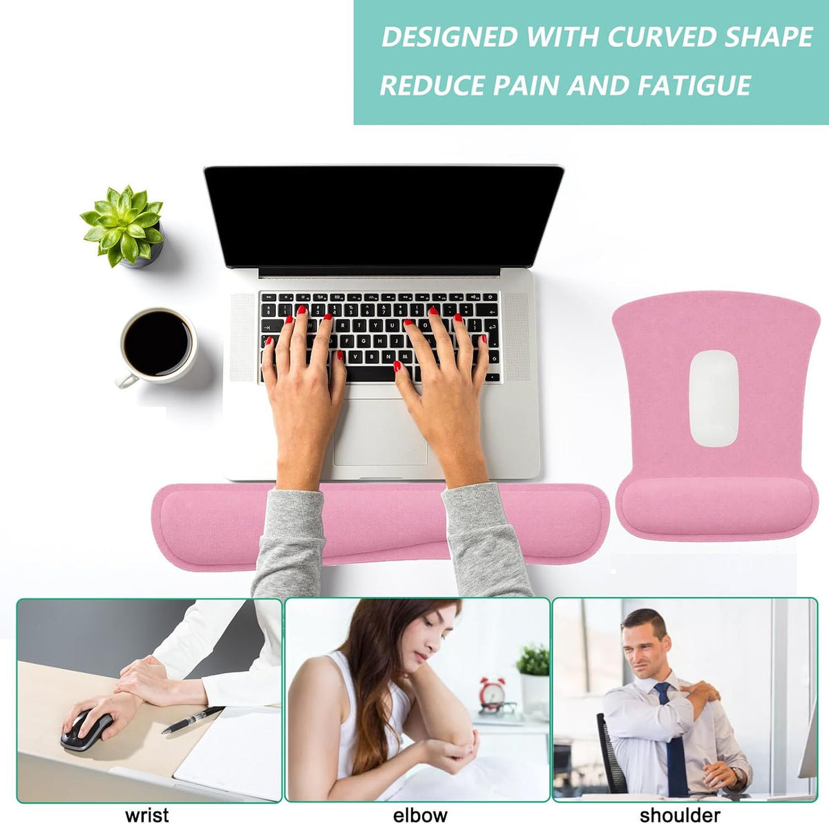 Keyboard Wrist Rest Pad Mouse Pad with Wrist Support Set of 3, Gaming Mousepad with Non-Slip Rubber Base, Ergonomic Memory Foam Mouse Cushion Support for Home Office Laptop Computer, Pink