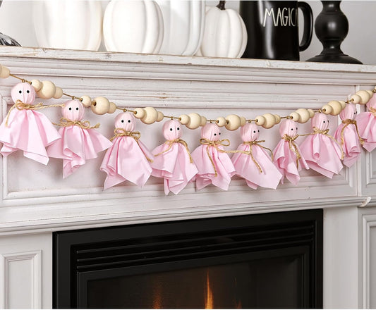 Halloween Garland, Cute Pink Ghosts and Bead Banner Garland for Halloween Decor, Handmade Rustic Decorations Indoor for Wall Home Indoor Outdoor Party Decorations