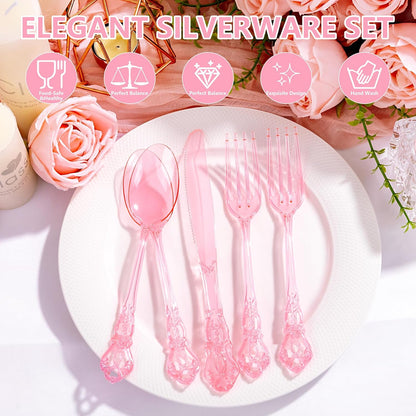 150PCS Pink Plastic Silverware Set Elegant for Dinner Party Wedding