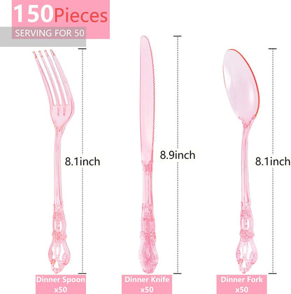 150PCS Pink Plastic Silverware Set Elegant for Dinner Party Wedding