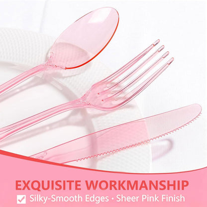 150PCS Pink Plastic Silverware Set Elegant for Dinner Party Wedding