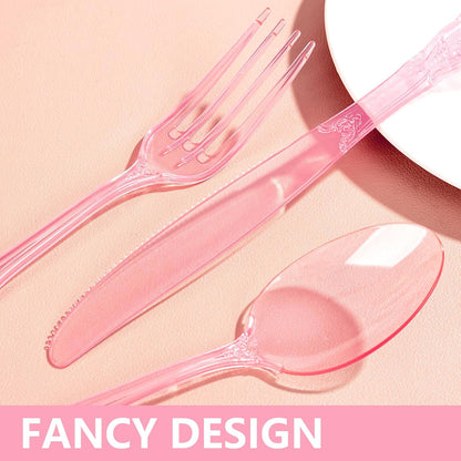 150PCS Pink Plastic Silverware Set Elegant for Dinner Party Wedding
