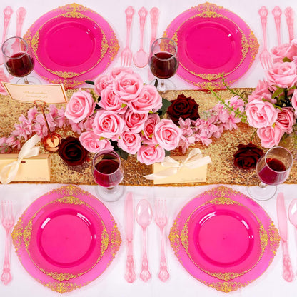 150PCS Pink Plastic Silverware Set Elegant for Dinner Party Wedding