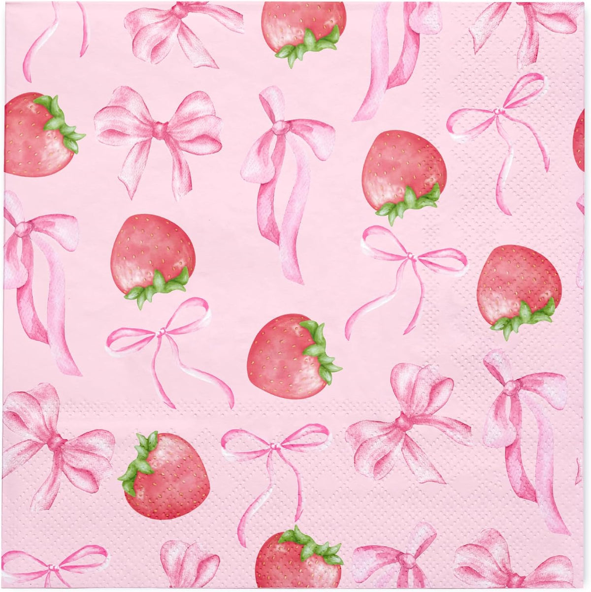 50Pcs Pink Bow Strawberry Paper Napkins - 3-Ply Pink Bow Disposable Paper Napkins for Strawberry Party Berry Birthday Party Baby Girl Shower - 6.5 x 6.5 In