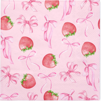 50Pcs Pink Bow Strawberry Paper Napkins - 3-Ply Pink Bow Disposable Paper Napkins for Strawberry Party Berry Birthday Party Baby Girl Shower - 6.5 x 6.5 In