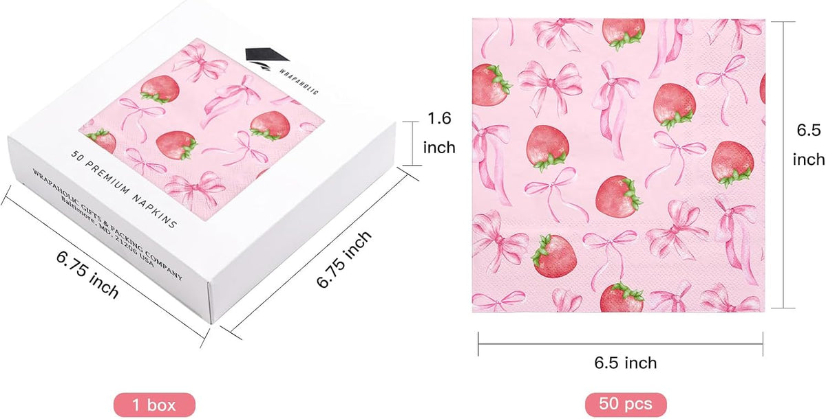 50Pcs Pink Bow Strawberry Paper Napkins - 3-Ply Pink Bow Disposable Paper Napkins for Strawberry Party Berry Birthday Party Baby Girl Shower - 6.5 x 6.5 In