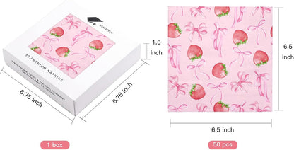50Pcs Pink Bow Strawberry Paper Napkins - 3-Ply Pink Bow Disposable Paper Napkins for Strawberry Party Berry Birthday Party Baby Girl Shower - 6.5 x 6.5 In