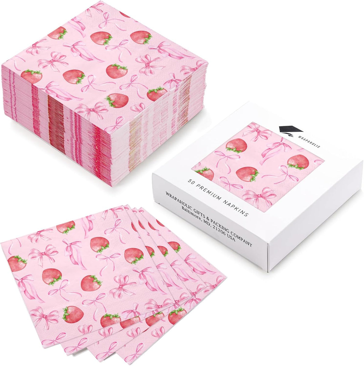 50Pcs Pink Bow Strawberry Paper Napkins - 3-Ply Pink Bow Disposable Paper Napkins for Strawberry Party Berry Birthday Party Baby Girl Shower - 6.5 x 6.5 In
