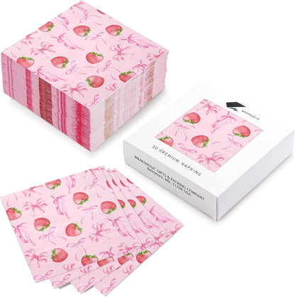 50Pcs Pink Bow Strawberry Paper Napkins - 3-Ply Pink Bow Disposable Paper Napkins for Strawberry Party Berry Birthday Party Baby Girl Shower - 6.5 x 6.5 In