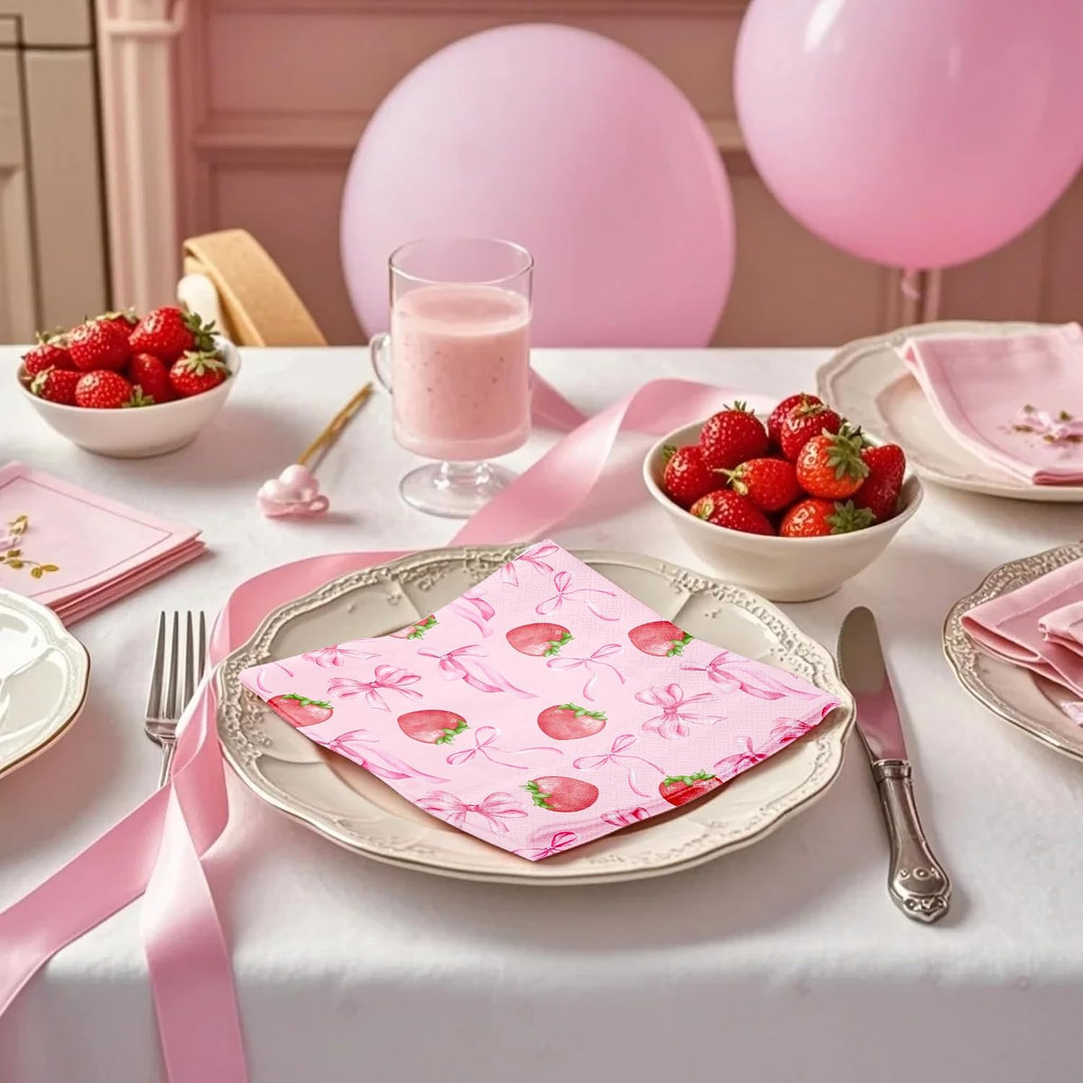 50Pcs Pink Bow Strawberry Paper Napkins - 3-Ply Pink Bow Disposable Paper Napkins for Strawberry Party Berry Birthday Party Baby Girl Shower - 6.5 x 6.5 In