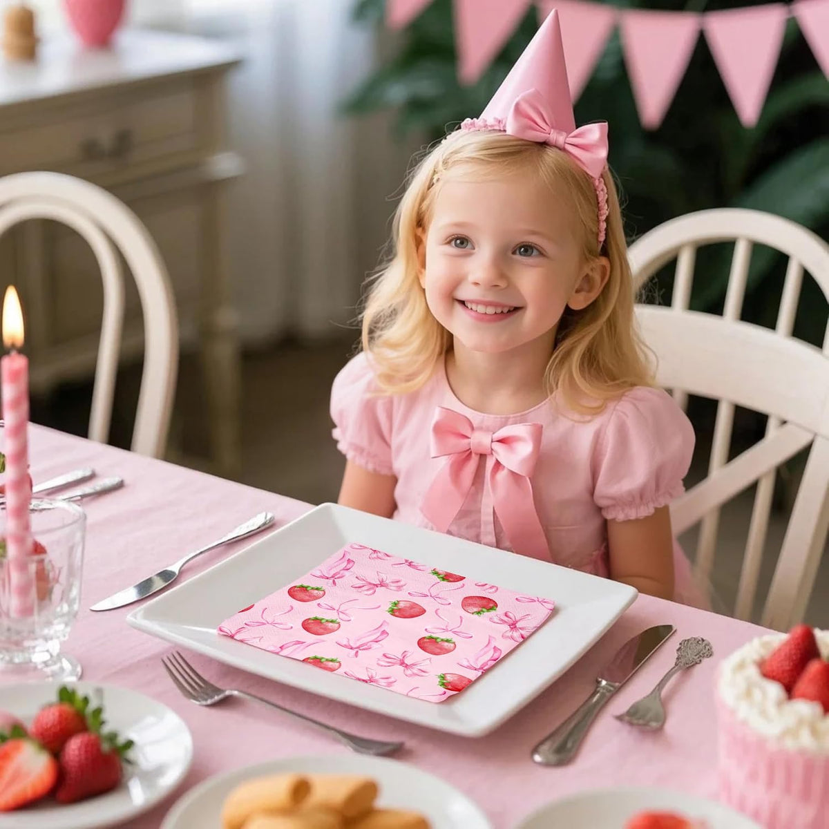 50Pcs Pink Bow Strawberry Paper Napkins - 3-Ply Pink Bow Disposable Paper Napkins for Strawberry Party Berry Birthday Party Baby Girl Shower - 6.5 x 6.5 In