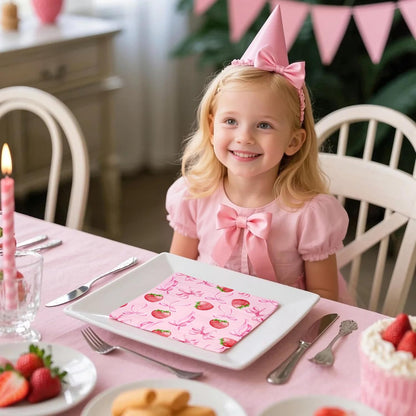 50Pcs Pink Bow Strawberry Paper Napkins - 3-Ply Pink Bow Disposable Paper Napkins for Strawberry Party Berry Birthday Party Baby Girl Shower - 6.5 x 6.5 In