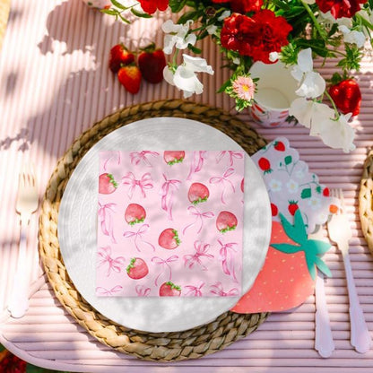 50Pcs Pink Bow Strawberry Paper Napkins - 3-Ply Pink Bow Disposable Paper Napkins for Strawberry Party Berry Birthday Party Baby Girl Shower - 6.5 x 6.5 In