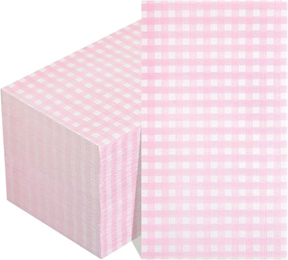 WDF 150Pack Pink Paper Napkins Gingham - 3 Ply Disposable Pink and White Checkered Napkins Guest, Dinner Napkins Paper for Picnic BBQ
