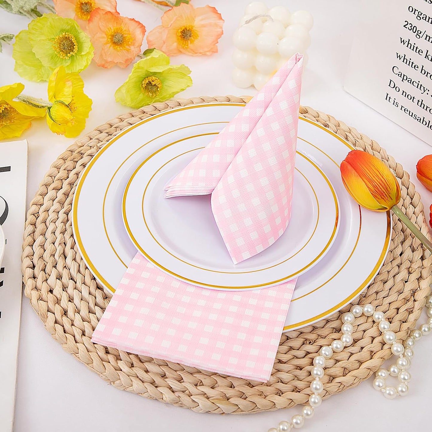 WDF 150Pack Pink Paper Napkins Gingham - 3 Ply Disposable Pink and White Checkered Napkins Guest, Dinner Napkins Paper for Picnic BBQ