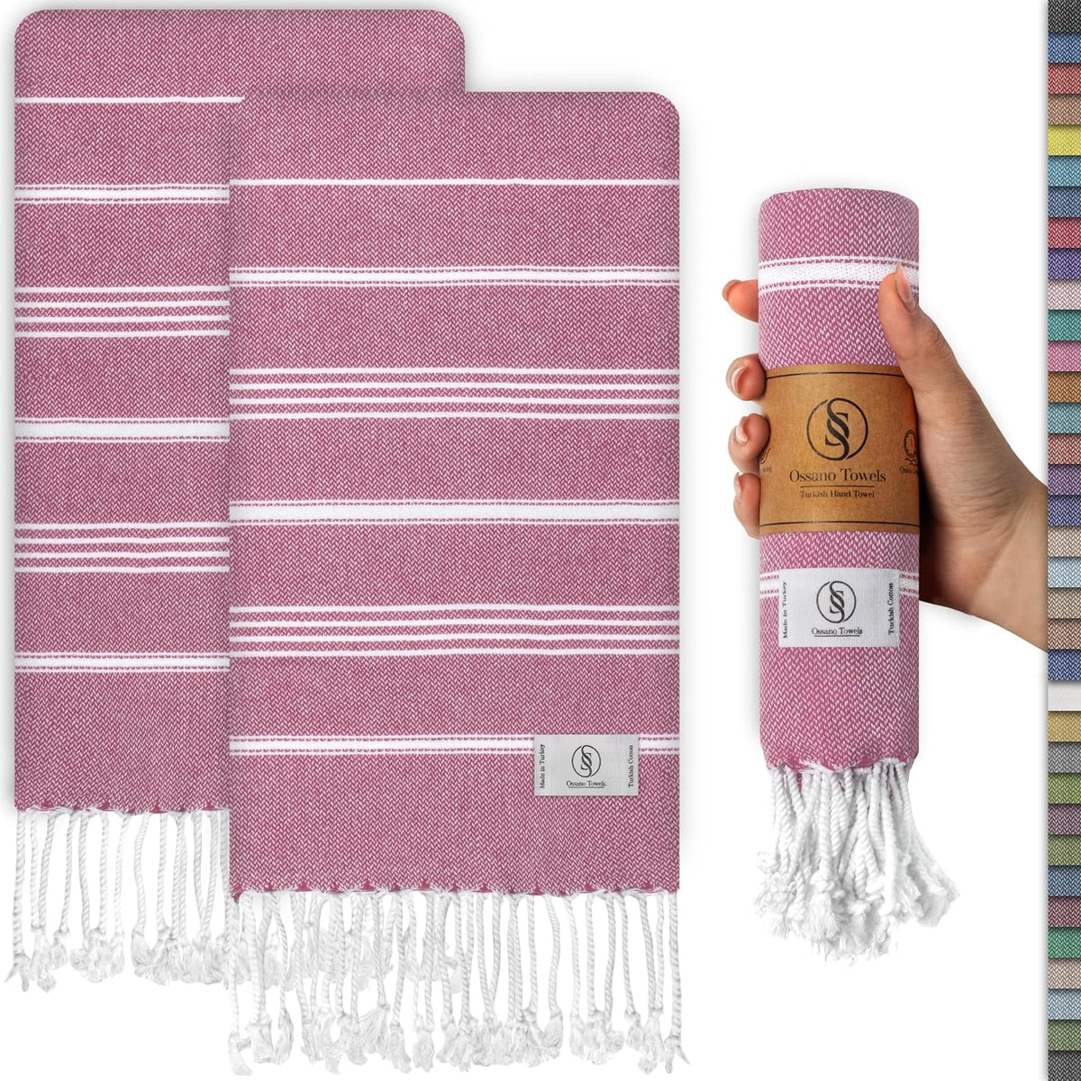Ossano Decorative Turkish Hand Towels - Thin & Quick Dry - Set of 2 (30" x 18") - for Kitchen & Bathroom - Multifunctional as - Kitchen Cloths, Guest Room Hand Towel, Powder Room Towels - Pink