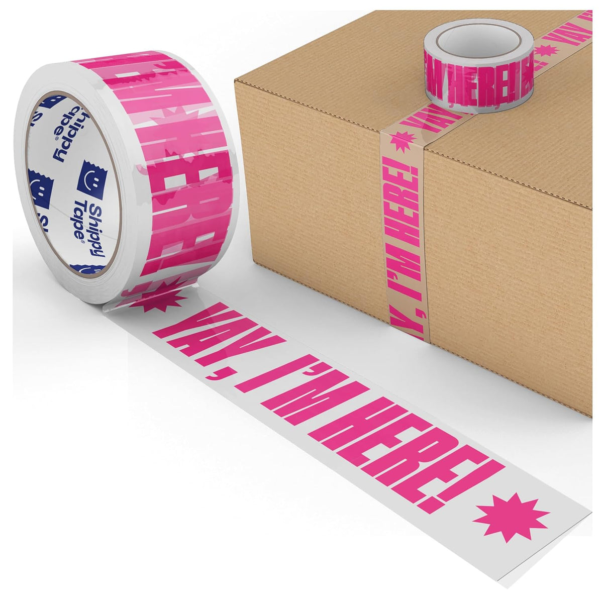 Fun Clear Shipping Tape with "Yay, I'm Here!" Print –