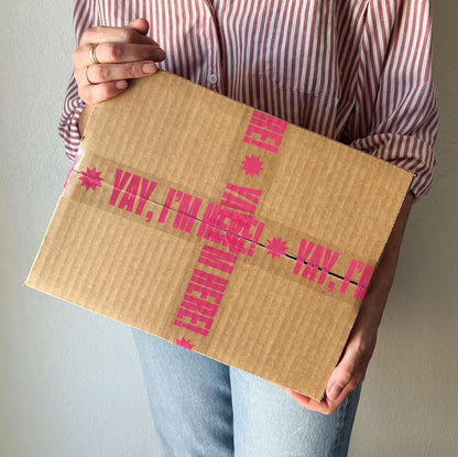Fun Clear Shipping Tape with "Yay, I'm Here!" Print –