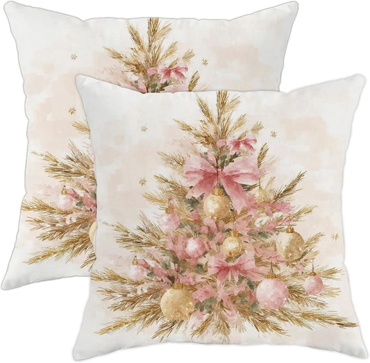 Christmas Tree Throw Pillow Covers Set of 2, Festive Rustic Peach Bow Gold Ornaments Xmas Peach Soft Velvet Washable Cover Decorative Pillows for Home Living Room Bedroom Dorm Couch Decor 18x18 Inch